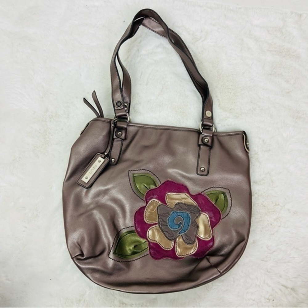 Relic Brown shiny embroidered floral Shoulder Bag